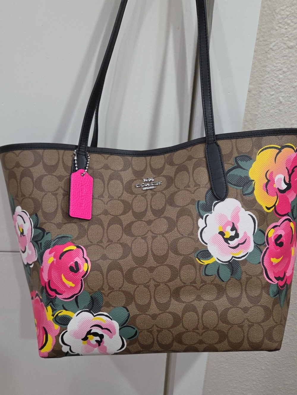 Coach C5785 Brown Signature Floral Tote with Pink Tag
